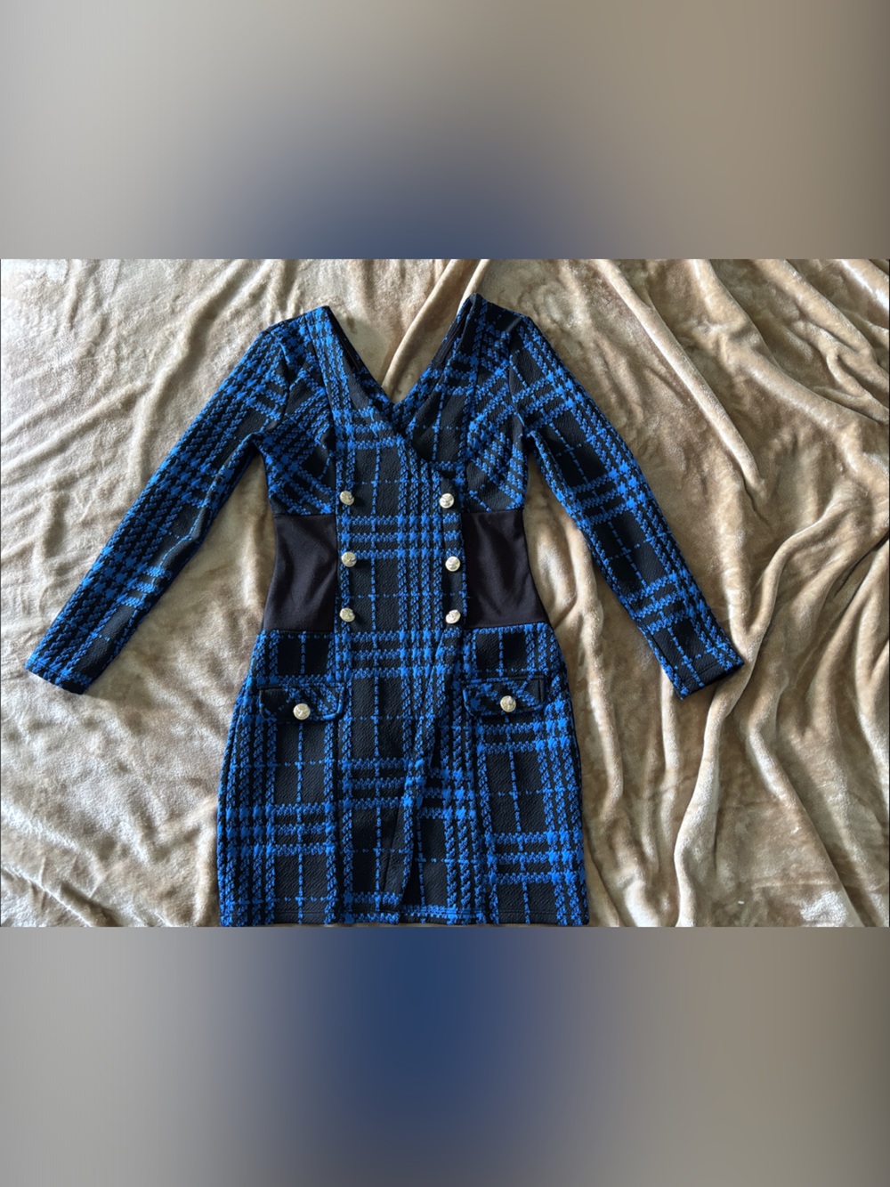 Blue & Black Plaid Military-Style Women's Coat